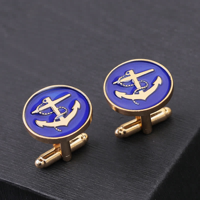 Boutons de manchette pour hommes en forme d'ancre de bateau - Bleu et Or - image 5