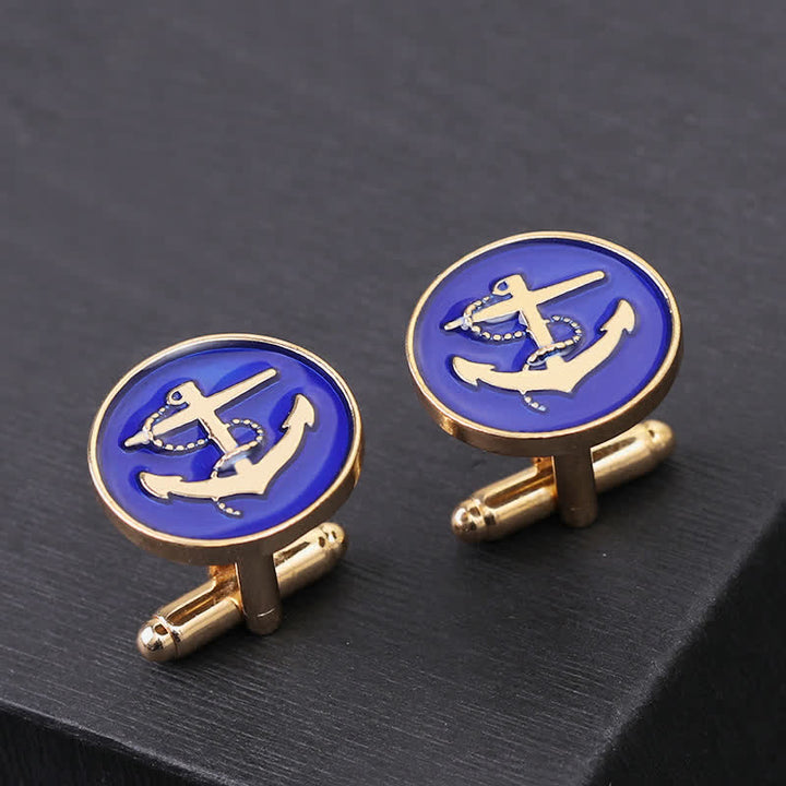 Boutons de manchette pour hommes en forme d'ancre de bateau - Bleu et Or - image 5
