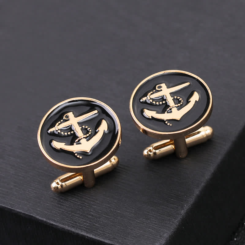 Boutons de manchette pour hommes en forme d'ancre de bateau - Noir et or - image 0