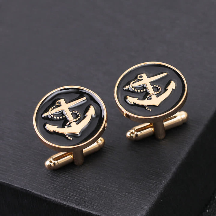 Boutons de manchette pour hommes en forme d'ancre de bateau - Noir et or - image 0