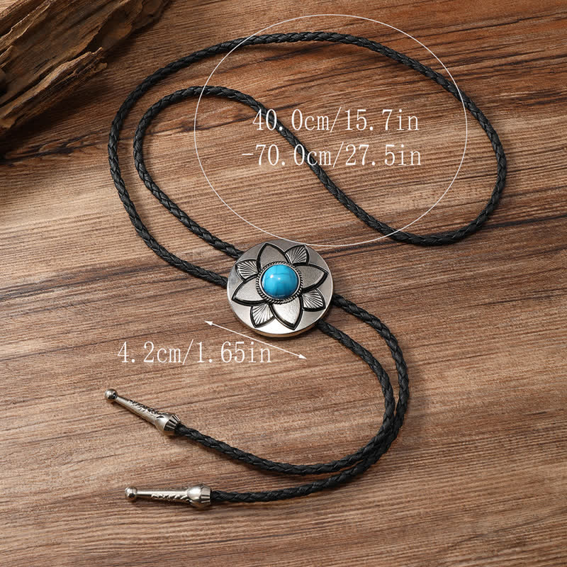 Cravate bolo en pierre turquoise noire à pétales ovales sculptés