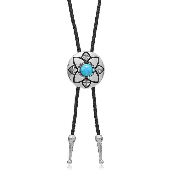 Cravate bolo en pierre turquoise noire à pétales ovales sculptés