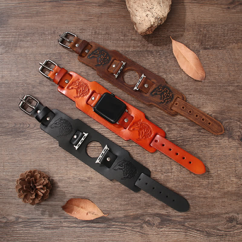 Bracelet de montre en cuir avec motif loup en relief punk - image 0