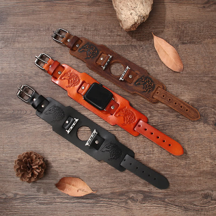 Bracelet de montre en cuir avec motif loup en relief punk - image 0