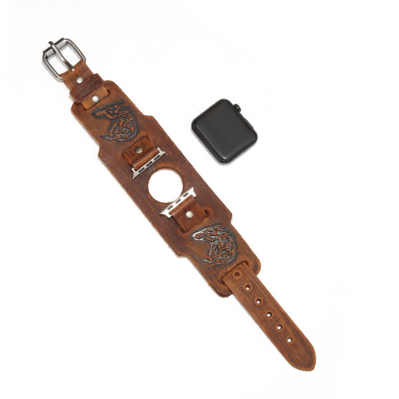 Bracelet de montre en cuir avec motif loup en relief punk - Brun - Taille du cadran de la montre 42 mm/44 mm - image 9