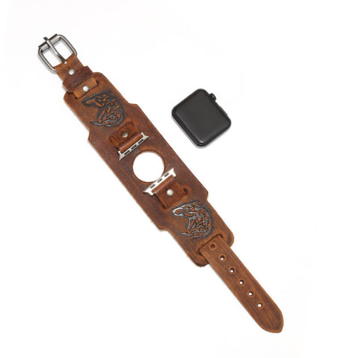 Bracelet de montre en cuir avec motif loup en relief punk - Brun - Taille du cadran de la montre 42 mm/44 mm - image 9