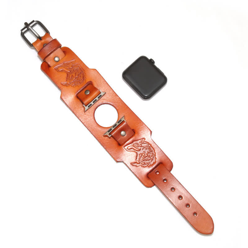 Bracelet de montre en cuir avec motif loup en relief punk - Orange - Taille du cadran de la montre 42 mm/44 mm - image 2