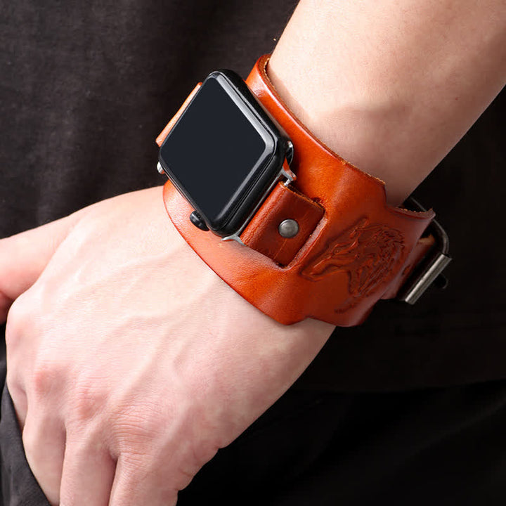 Bracelet de montre en cuir avec motif loup en relief punk - image 1