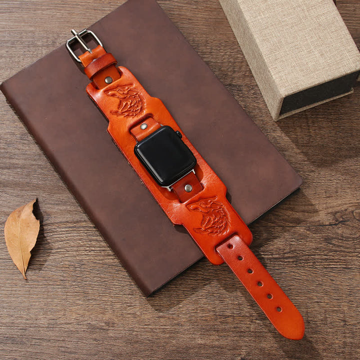 Bracelet de montre en cuir avec motif loup en relief punk - image 3