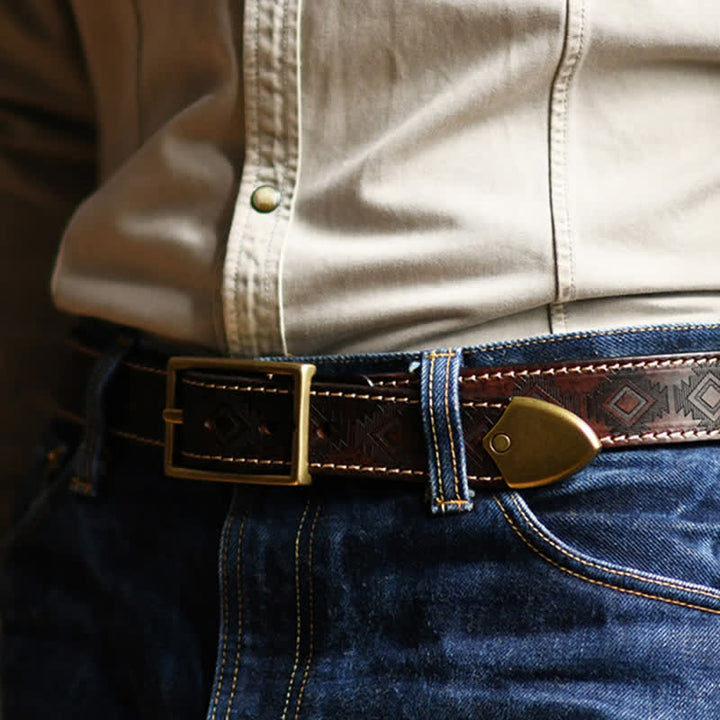 Ceinture en cuir à motif géométrique occidental pour homme