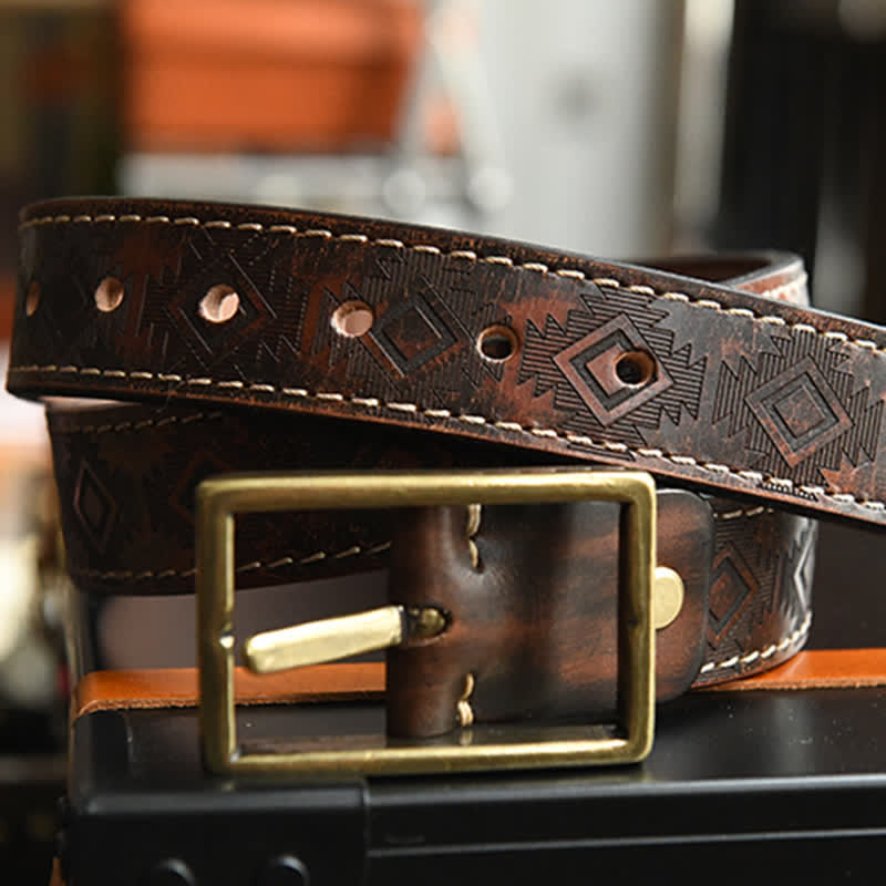 Ceinture en cuir à motif géométrique occidental pour homme
