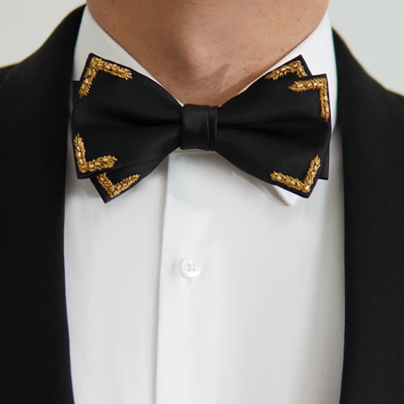 Nœud papillon noir à ornements de blé doré pour homme