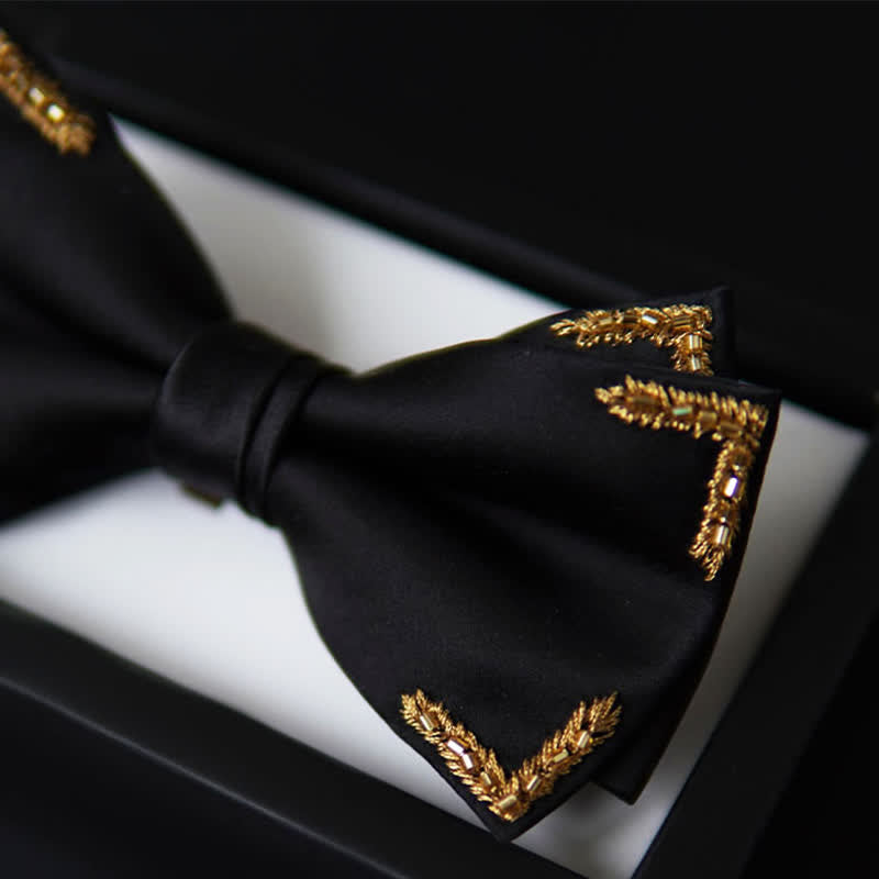 Nœud papillon noir à ornements de blé doré pour homme