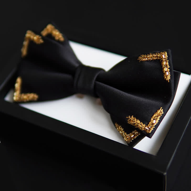 Nœud papillon noir à ornements de blé doré pour homme