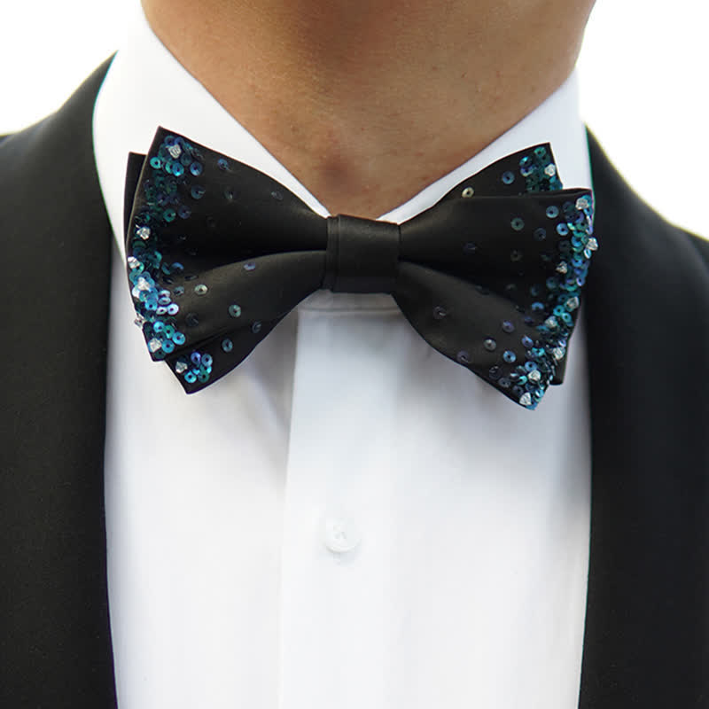 Nœud papillon noir à paillettes bleu brillant pour homme