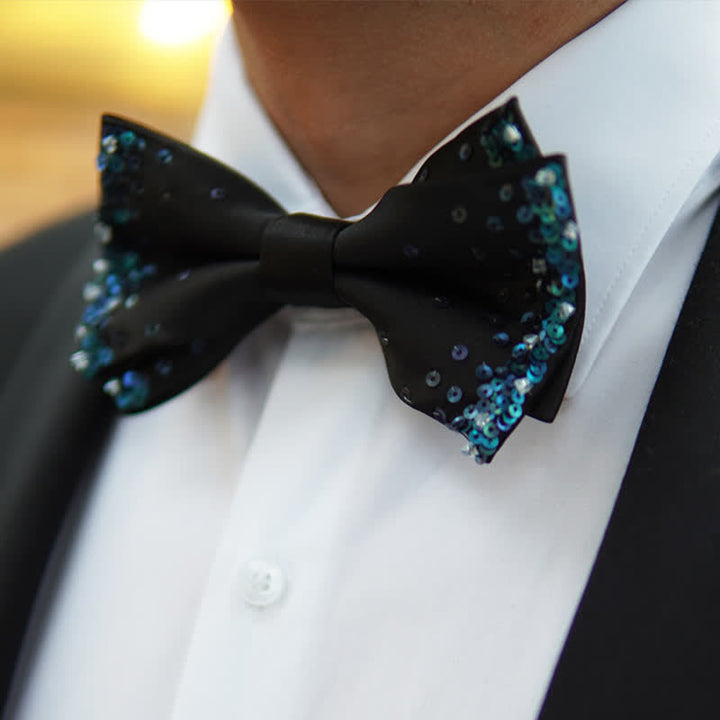 Nœud papillon noir à paillettes bleu brillant pour homme