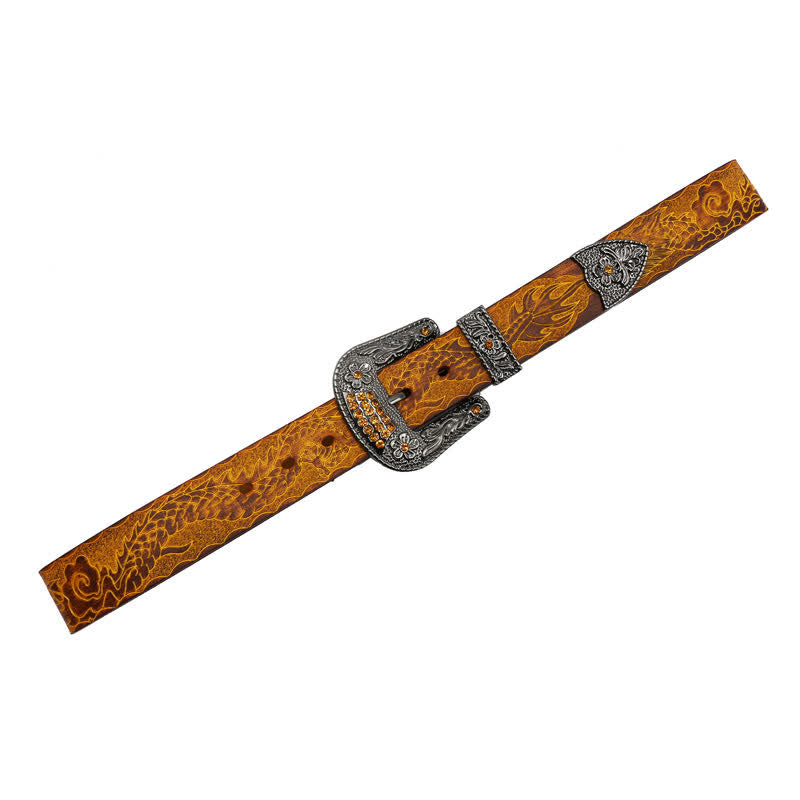 Ceinture en cuir à boucle florale et motif dragon en relief pour homme