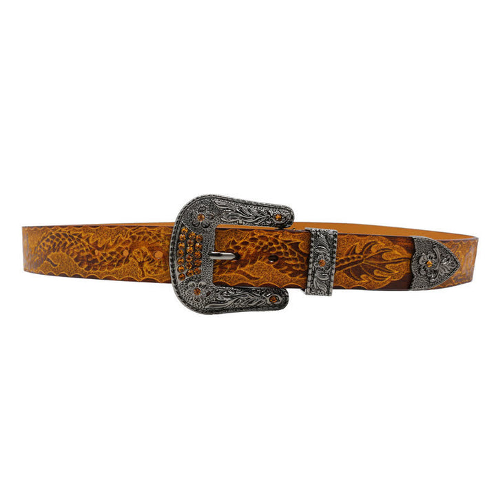 Ceinture en cuir à boucle florale et motif dragon en relief pour homme