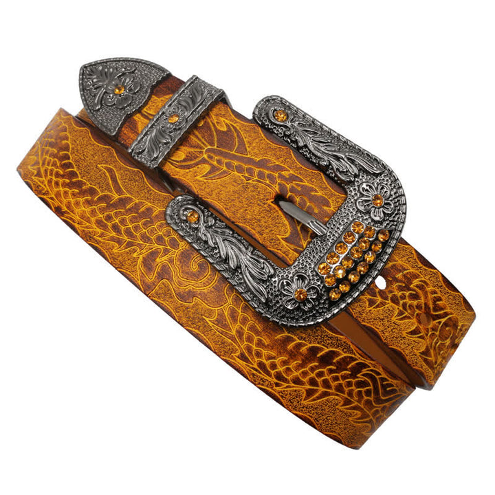 Ceinture en cuir à boucle florale et motif dragon en relief pour homme