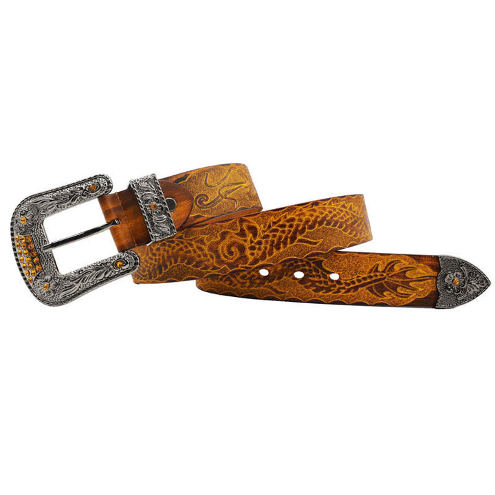 Ceinture en cuir à boucle florale et motif dragon en relief pour homme