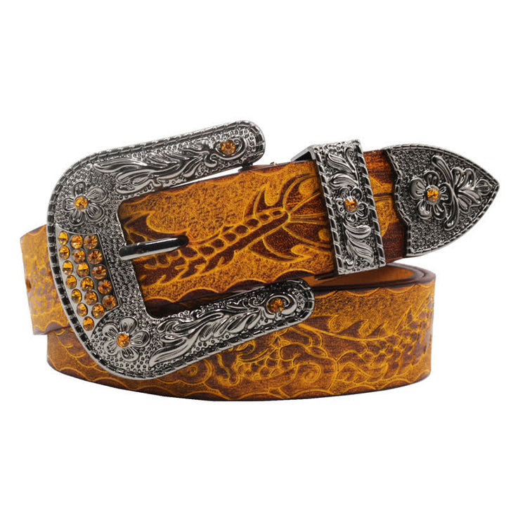 Ceinture en cuir à boucle florale et motif dragon en relief pour homme