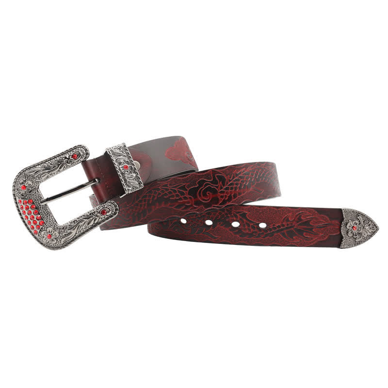 Ceinture en cuir à boucle florale et motif dragon en relief pour homme