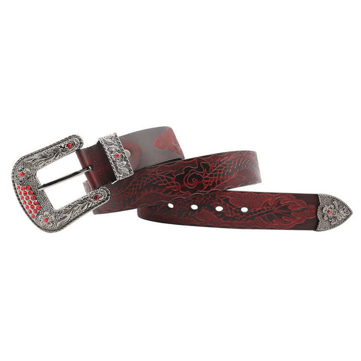 Ceinture en cuir à boucle florale et motif dragon en relief pour homme