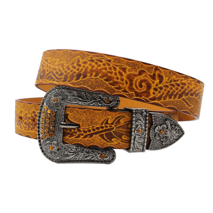 Ceinture en cuir à boucle florale et motif dragon en relief pour homme