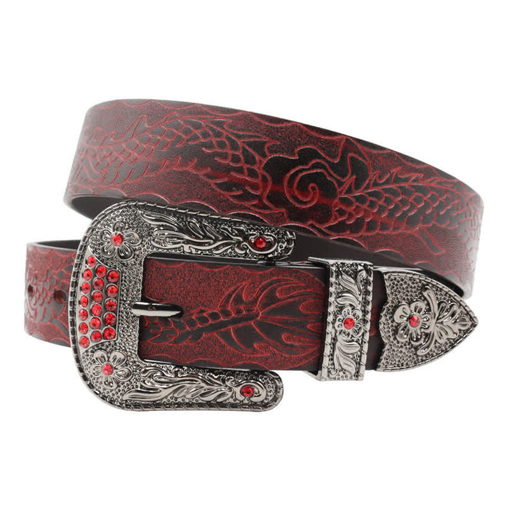 Ceinture en cuir à boucle florale et motif dragon en relief pour homme