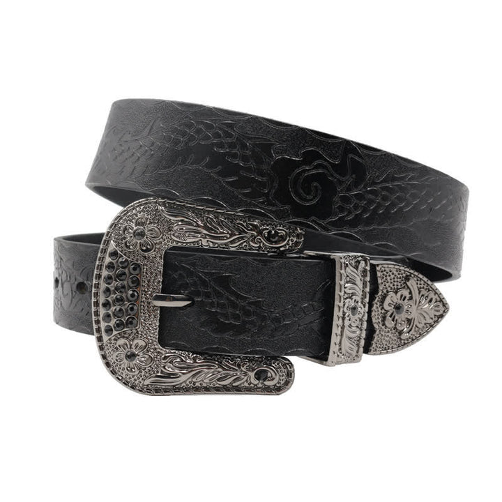 Ceinture en cuir à boucle florale et motif dragon en relief pour homme