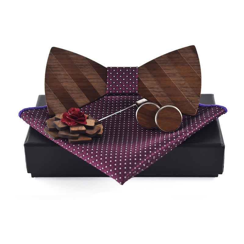 Lot de 4 nœuds papillon en bois à rayures formelles pour homme