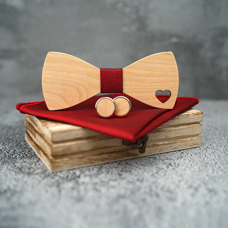 Lot de 3 nœuds papillon en bois en forme de cœur creux pour homme