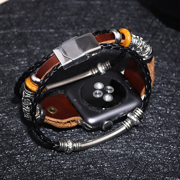 Bracelet de montre en cuir tressé à motif ethnique