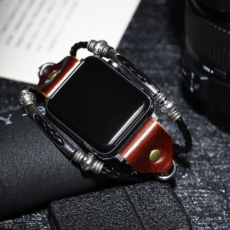 Bracelet de montre en cuir tressé à motif ethnique