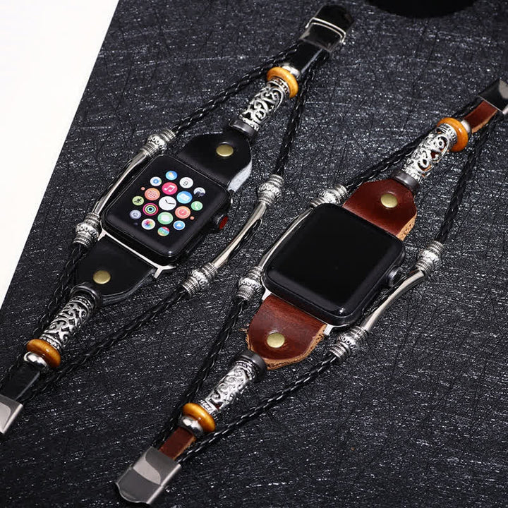 Bracelet de montre en cuir tressé à motif ethnique