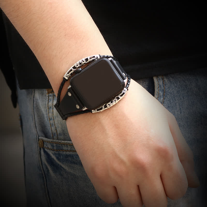 Bracelet de montre en cuir avec chaîne en acier inoxydable Boho