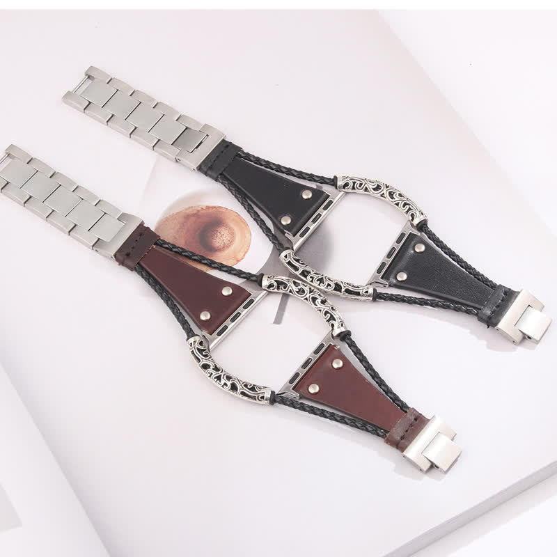 Bracelet de montre en cuir avec chaîne en acier inoxydable Boho