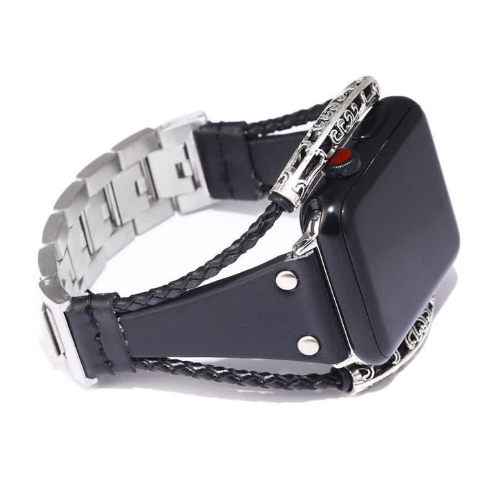 Bracelet de montre en cuir avec chaîne en acier inoxydable Boho
