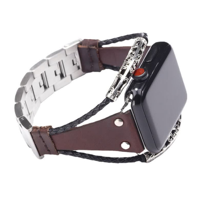Bracelet de montre en cuir avec chaîne en acier inoxydable Boho
