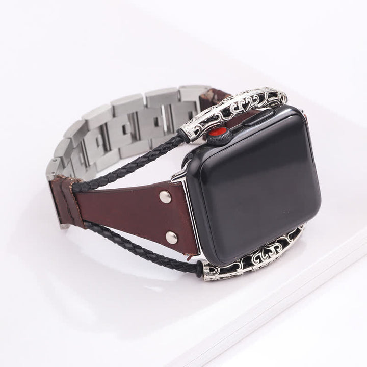 Bracelet de montre en cuir avec chaîne en acier inoxydable Boho
