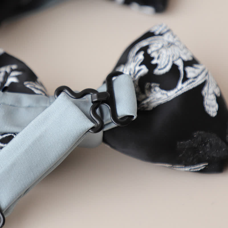 Nœud papillon brodé floral noir et blanc pour homme