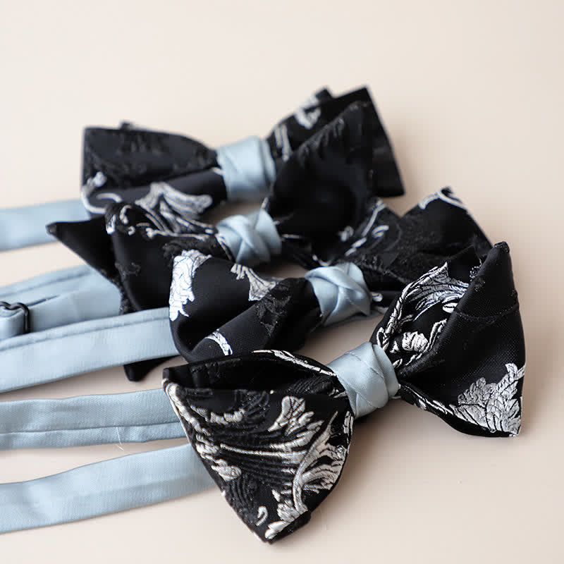 Nœud papillon brodé floral noir et blanc pour homme