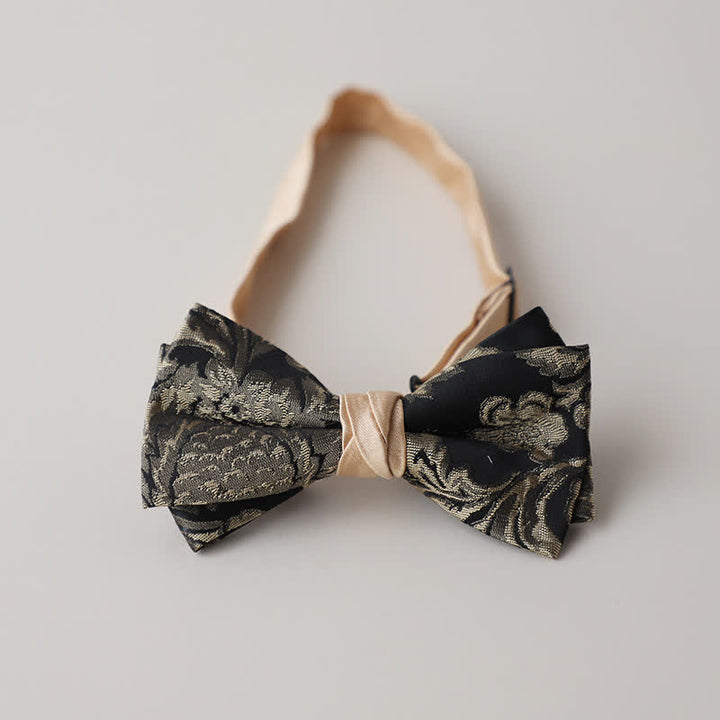 Nœud papillon vintage à motif floral doré et noir pour homme