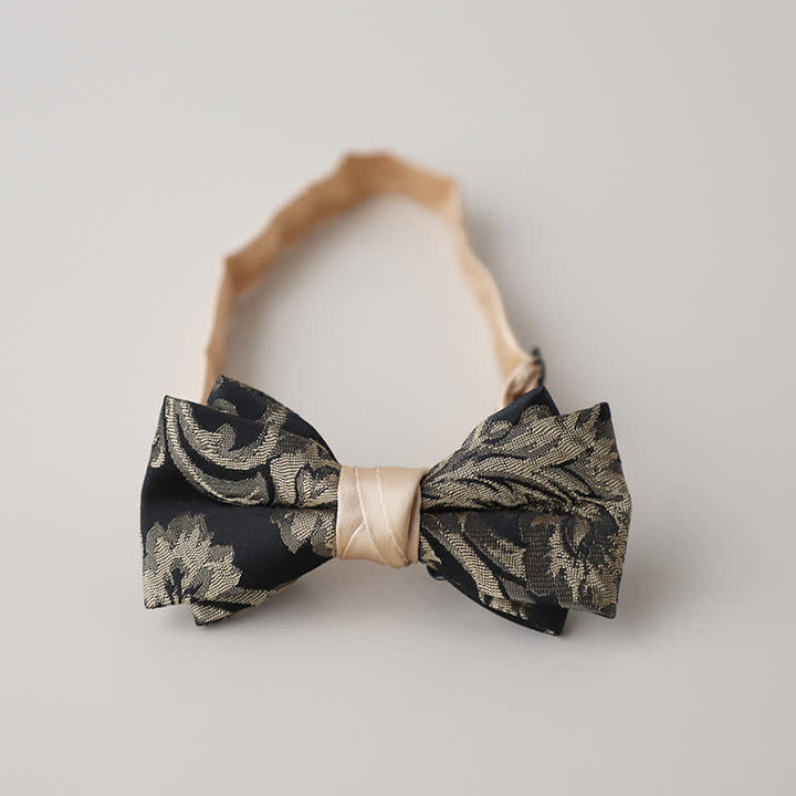 Nœud papillon vintage à motif floral doré et noir pour homme