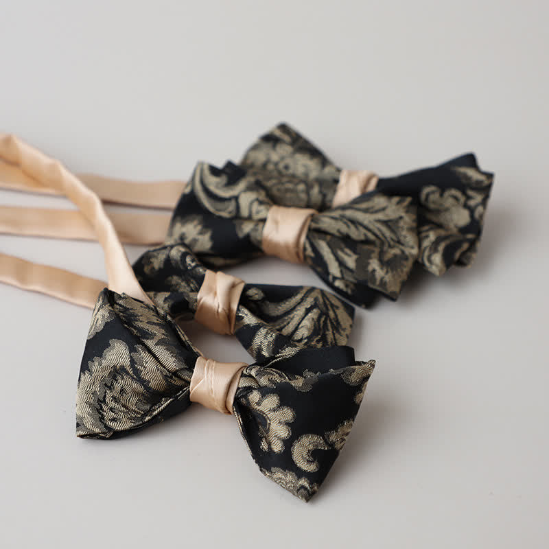 Nœud papillon vintage à motif floral doré et noir pour homme