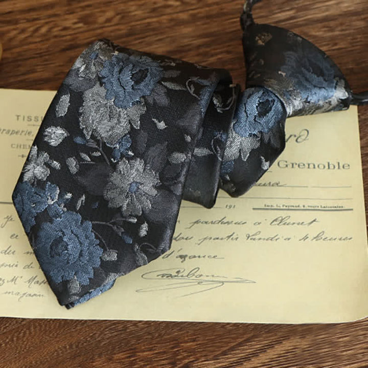 Cravate à motif floral vintage pour homme - Bleu et gris - Fermeture éclair - image 3