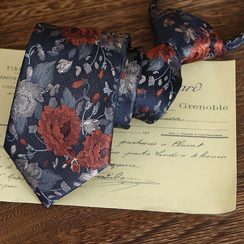 Cravate à motif floral vintage pour homme - Orange et bleu marine - Fermeture éclair - image 12