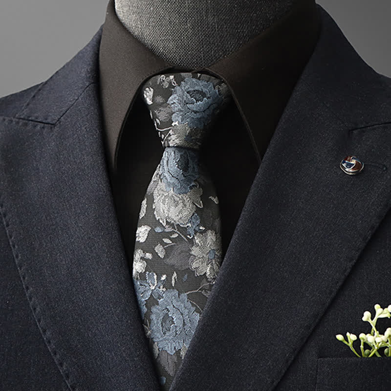 Cravate à motif floral vintage pour homme - Bleu et gris - À nouer soi-même - image 1
