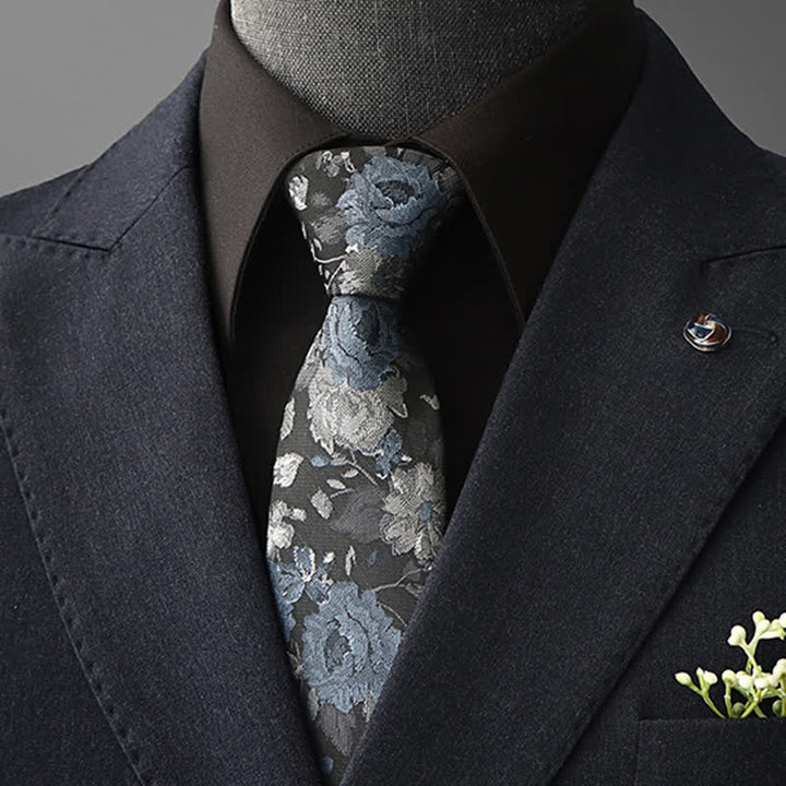 Cravate à motif floral vintage pour homme - Bleu et gris - À nouer soi-même - image 1