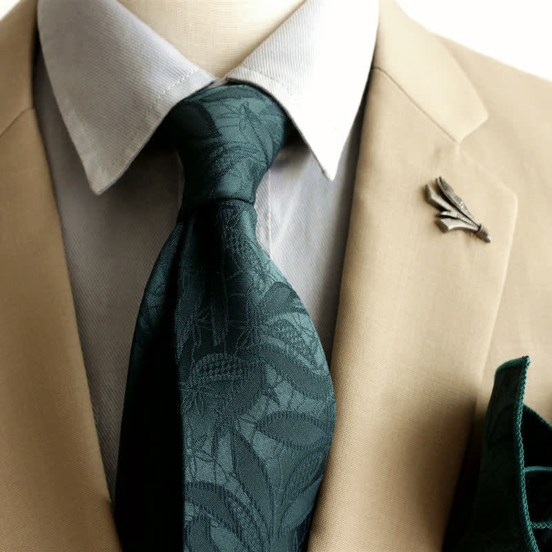 Cravate décontractée pour homme à motif floral jacquard et feuilles - Vert foncé - image 0